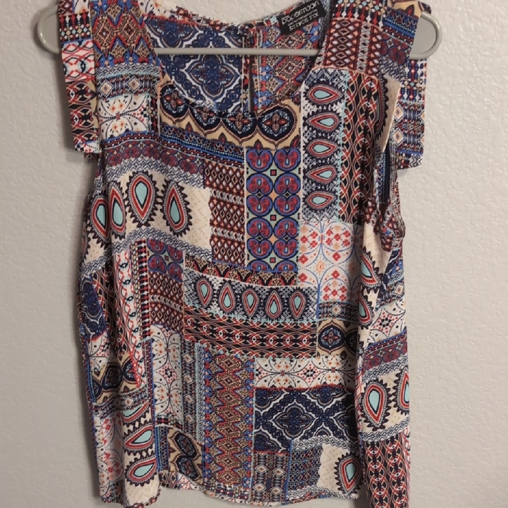 Stitchfix Papermoon Patchwork Print Sleeveless Top in Navy, Red & Cream